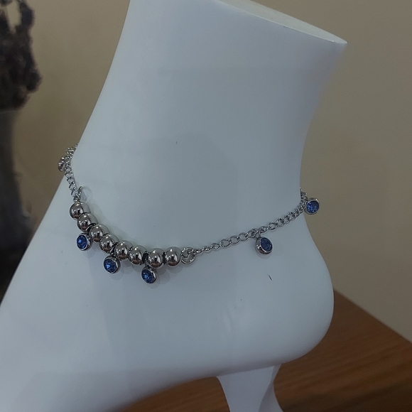 Blue CZ Anklet Rhodium Plated,316L S.Steel - Picture 5 of 9